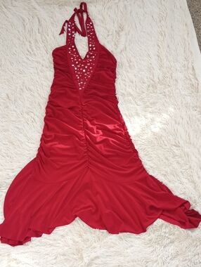 Vintage! Vizio Red Halter Backless Maxi Dress with Rhinestone Detail